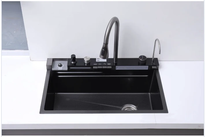 Multifunctional LED Display Kitchen Sink Undermount Stainless Steel Piano Key Waterfall Cup Washer Anti-Scratch Kitchen Faucet best